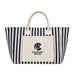 The Play & Graze - A striped tote bag in navy blue and cream featuring a logo on the front and sturdy handles.