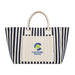 The Play & Graze - A striped tote bag in navy and cream with a front pocket and a logo.