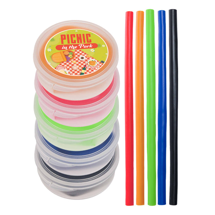 Silicone Straw in Case - A stack of colorful silicone straws in a case with a lid, featuring six straws in green, red, blue, black, and orange.