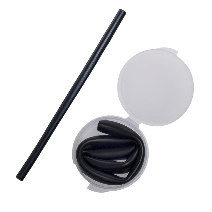 Silicone Straw in Case - A black silicone straw and a transparent case containing coiled silicone straws.