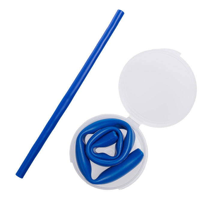 Silicone Straw in Case - A blue silicone straw is curled inside a round white case, with a straight blue straw resting beside it.