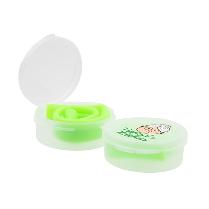 Silicone Straw in Case - A green silicone straw neatly coiled inside a clear case with a round lid featuring a logo.