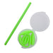 Silicone Straw in Case - A green silicone straw and a case, with the straw coiled inside the case. The case is clear and round.