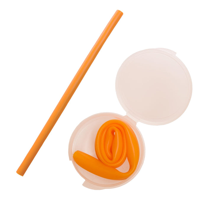 Silicone Straw in Case - A silicone straw in a case, with the straw coiled inside the container. Both the straw and the case are orange in color.