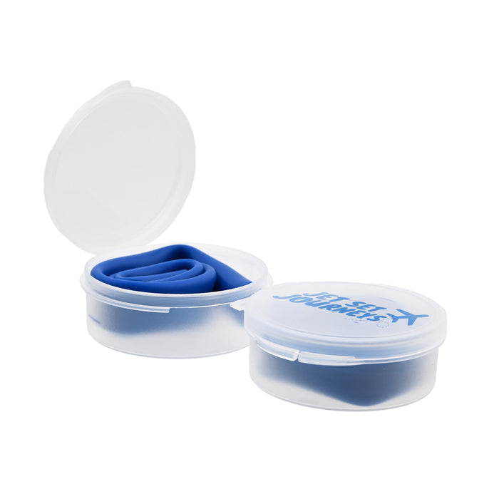Silicone Straw in Case - A blue silicone straw neatly rolled and stored in a clear case with the logo "Silly Straw" printed on the lid.