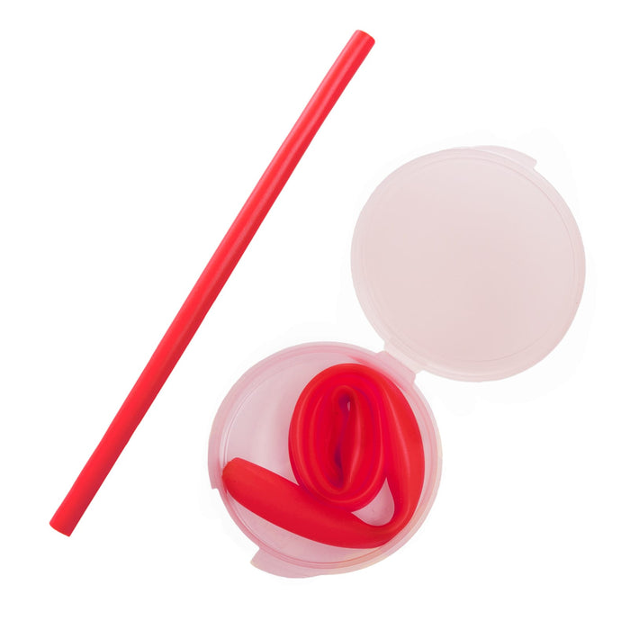 Silicone Straw in Case - A red silicone straw placed inside a clear case, with an additional rolled-up straw in the case.