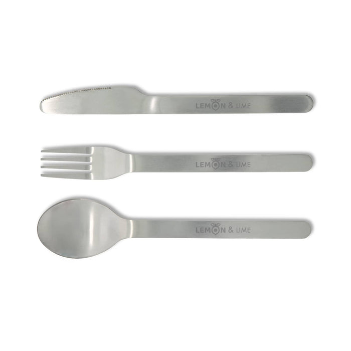 Juniper Cutlery Set - A stainless steel cutlery set featuring a knife, fork, and spoon with a logo.