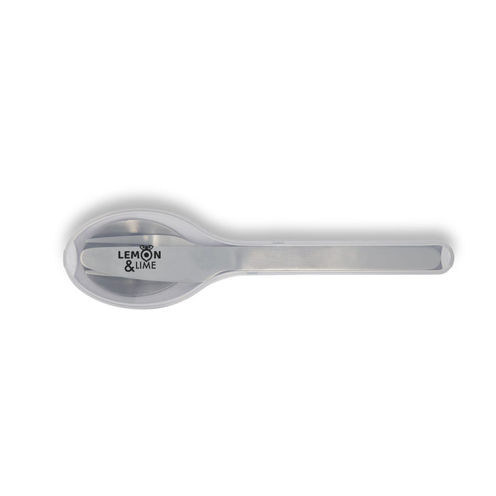 Juniper Cutlery Set - A stainless steel spoon with a shiny finish and a logo. Suitable for serving or enjoying various dishes.