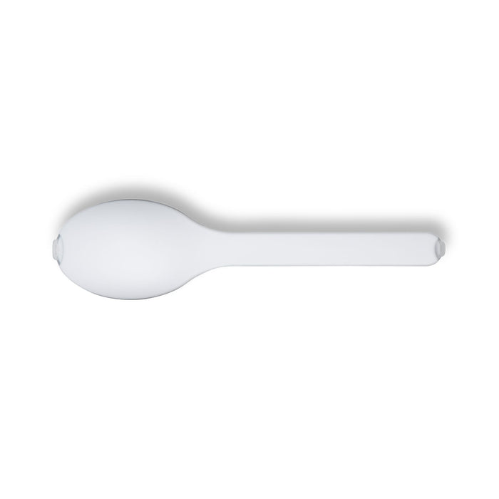 Juniper Cutlery Set - A white spoon with a smooth surface and ergonomic handle, featuring a logo on the handle.