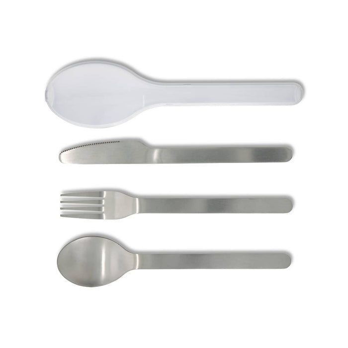 Juniper Cutlery Set - A cutlery set featuring stainless steel knife, fork, spoon, and a transparent serving spoon, arranged in a row.