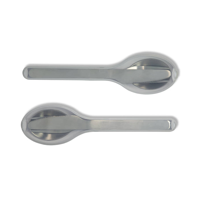 Juniper Cutlery Set - A cutlery set with stainless steel utensils, featuring a knife, fork, and spoon, stored in a sleek, transparent case.