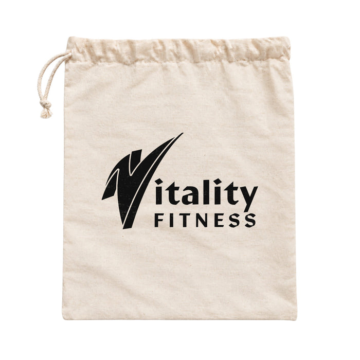 Anywhere Resistance Fitness Set - A beige drawstring bag with a logo printed on it, featuring the words "Vitality FITNESS".