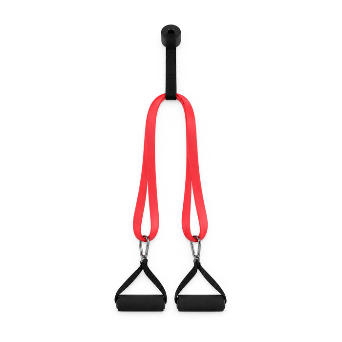 Anywhere Resistance Fitness Set - A resistance fitness set featuring red elastic bands with black handles and a wall attachment.