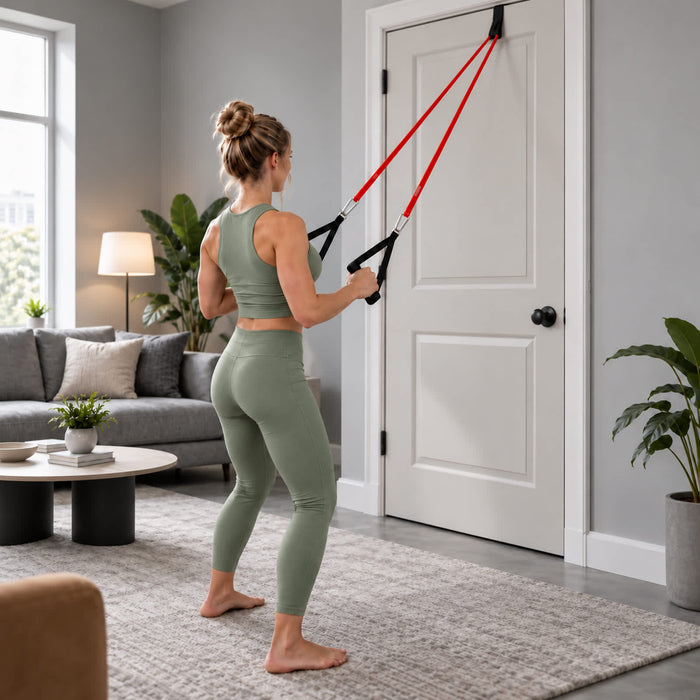 Anywhere Resistance Fitness Set - A person in a green fitness outfit using red resistance bands attached to a door, in a modern living room setting.