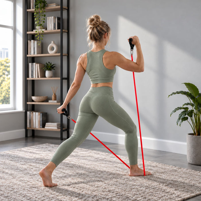 Anywhere Resistance Fitness Set - A fit person wearing a green outfit uses red resistance bands in a stylish interior with plants and bookshelves.