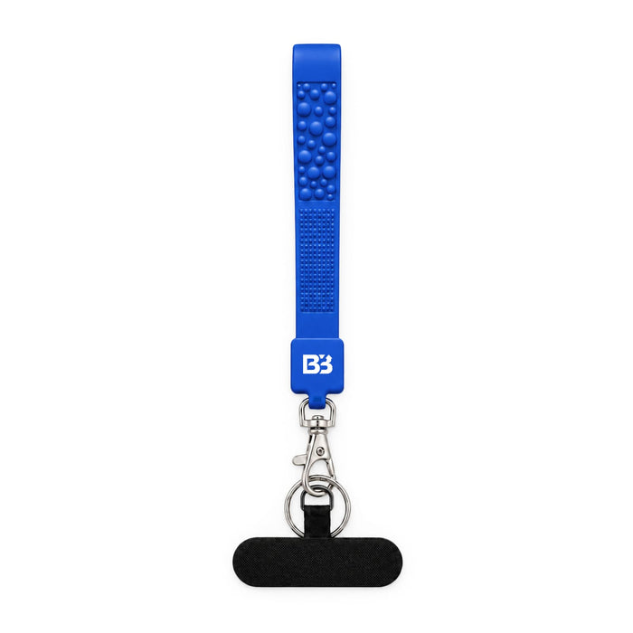 Wrist Tactile Phone Holder Keytag - A blue wrist strap keytag with a textured surface and a metal clip attachment. It has a logo on the strap.