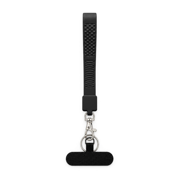Wrist Tactile Phone Holder Keytag - A black wrist keytag with a textured grip and a metal clip for attachment, featuring a small branding logo.