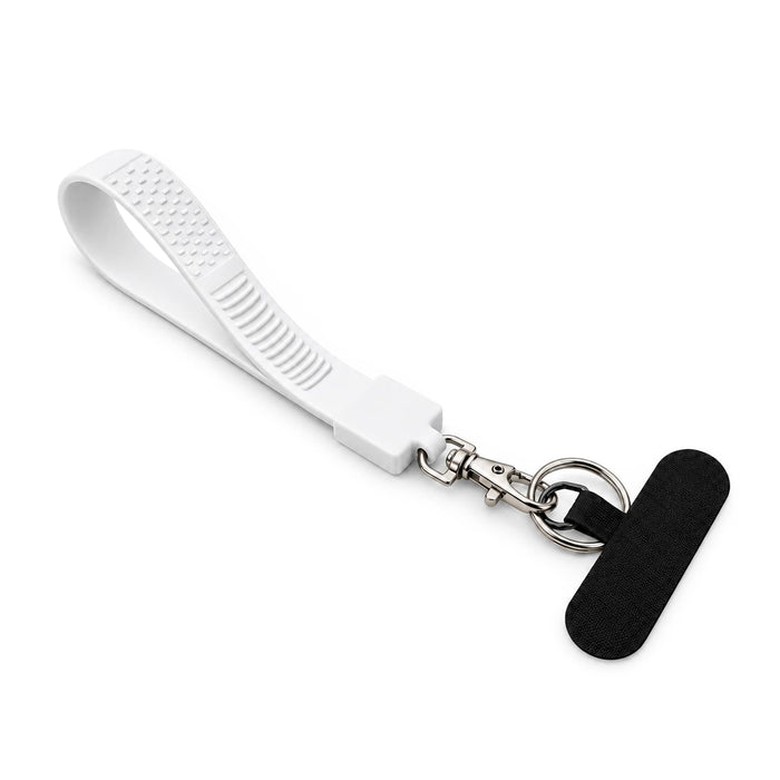 Wrist Tactile Phone Holder Keytag - A white wrist strap keytag with a textured grip and a metal clip for attaching keys or other items.
