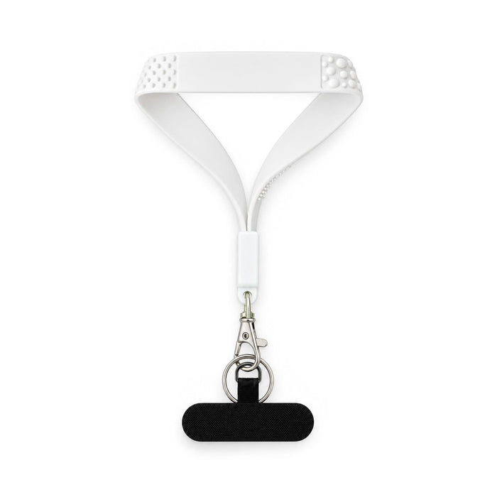 Wrist Tactile Phone Holder Keytag - A white wrist strap featuring tactile bumps and a black keytag attachment with a metal clasp.