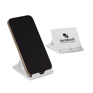 Glide Phone Stand - A white phone stand with a smartphone propped up, featuring a logo on one side.