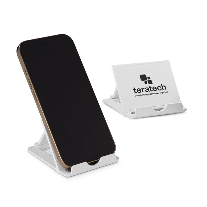 Glide Phone Stand - A white phone stand with a smartphone propped up, featuring a logo on one side.