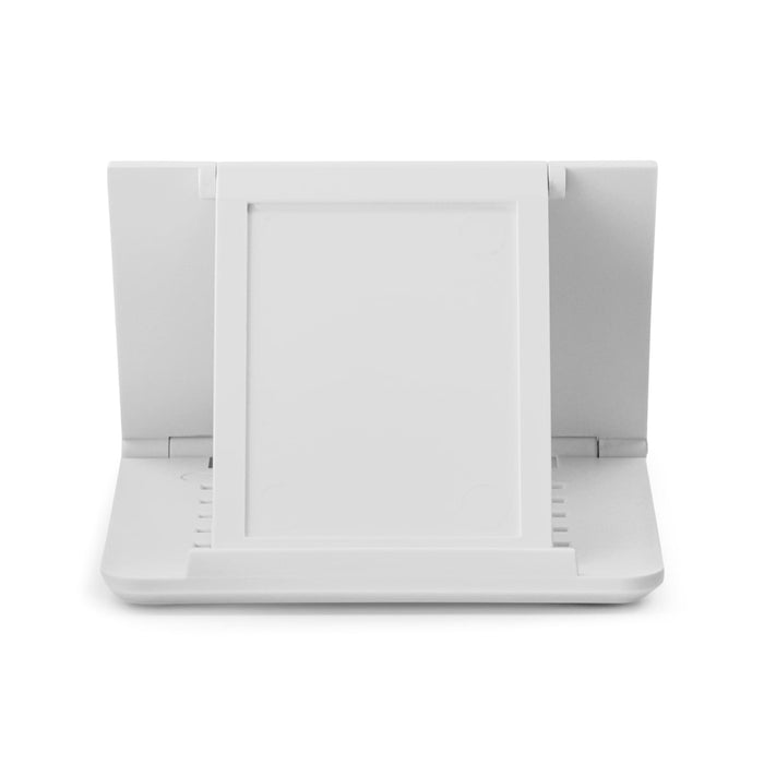 Glide Phone Stand - A white Glide Phone Stand with an adjustable rear support, designed for holding a mobile device.
