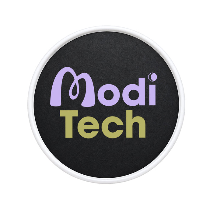 Tutor Maglock Phone Holder - A round black surface featuring the text "Modi Tech" in purple and yellow. The design is simple and modern.