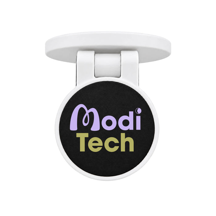 Tutor Maglock Phone Holder - A round phone holder in white with a dark circular base featuring a logo in purple and green.