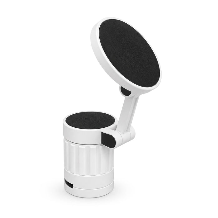 Tutor Maglock Phone Holder - A white phone holder with a rotating black grip, featuring a cylindrical base and an adjustable arm.