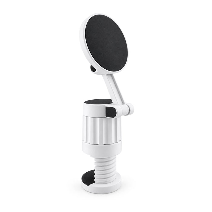 Tutor Maglock Phone Holder - A white phone holder with a magnetic disc and adjustable arm for easy positioning and secure attachment.
