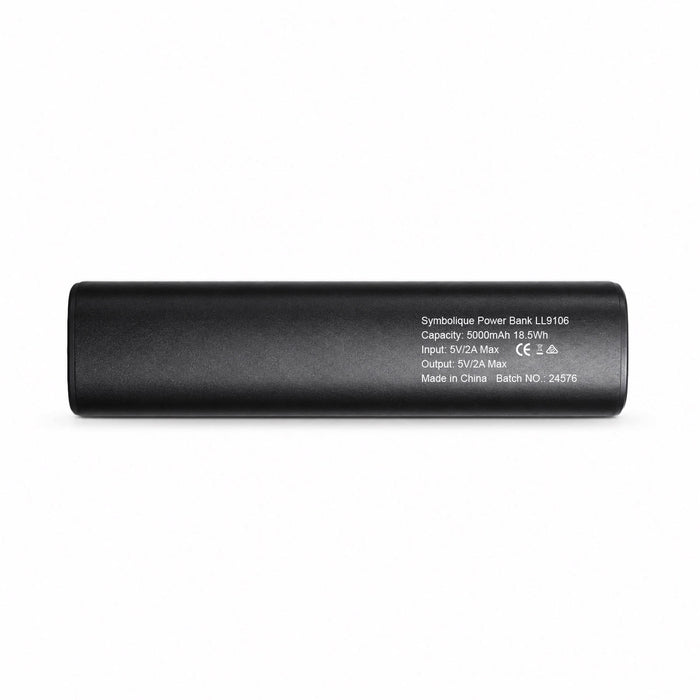 Symbolique 5,000mAh Power Bank - A black 5,000mAh power bank with a logo, featuring input and output specifications on one side.