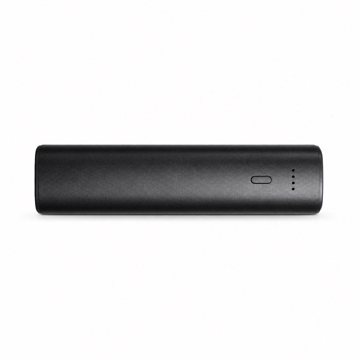 Tech Pack Charge - A black 5,000mAh power bank with a simple design and an indicator light. It features a logo.