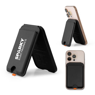 Cozy Phone Wallet - A black phone wallet with a stand feature, displaying a logo and compatible with a smartphone.