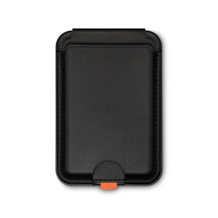 Cozy Phone Wallet - A black phone wallet with a smooth finish and an orange accent at the bottom. It has a simple, sleek design.