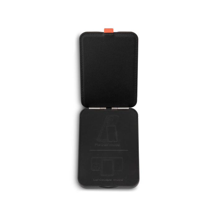 Cozy Phone Wallet - A black phone wallet with a hinged design features interior instructions for portrait and landscape modes.
