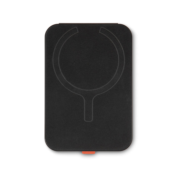 Cozy Phone Wallet - A black phone wallet with a subtle logo, featuring a circular design outline and an orange accent.