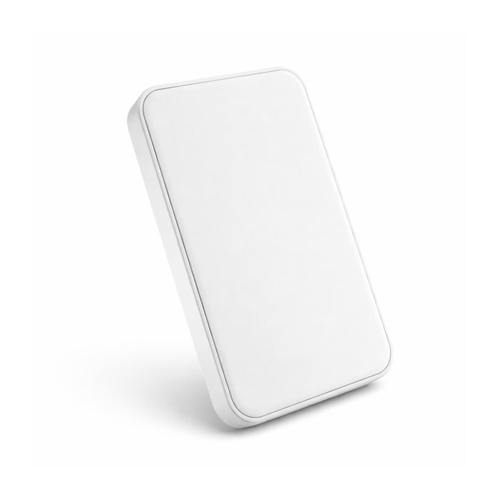 Dynamo Solid State Power Bank - A white solid state power bank with a sleek, minimalist design and a smooth surface. It features branding on the surface.