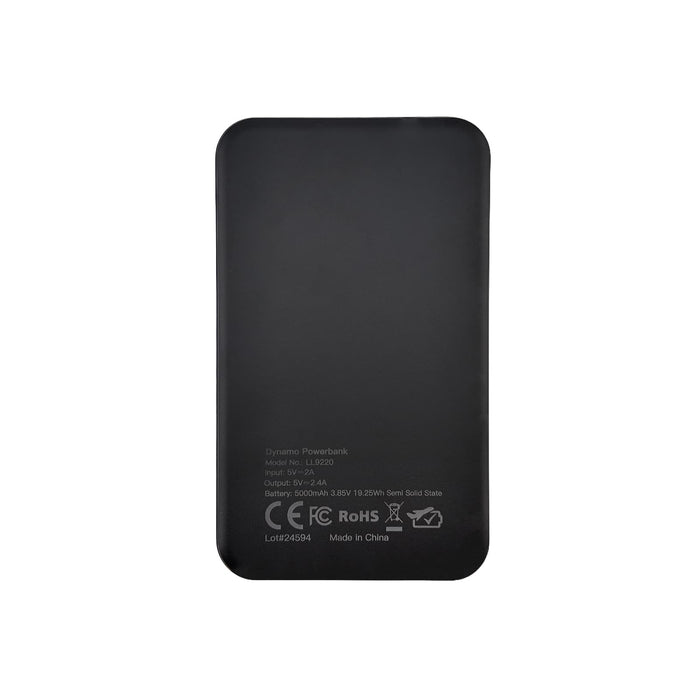 Dynamo Solid State Power Bank - A black solid state power bank with a logo and specifications detailed on the back.