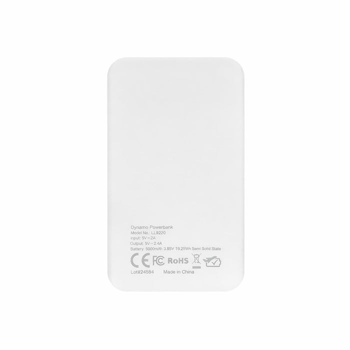 Dynamo Solid State Power Bank - A white power bank with a smooth finish, featuring a logo and specifications printed on one side.