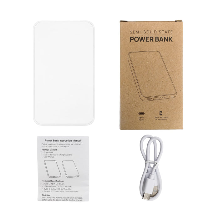 Dynamo Solid State Power Bank - A white power bank with a sleek design, accompanied by a charging cable and an instruction manual.