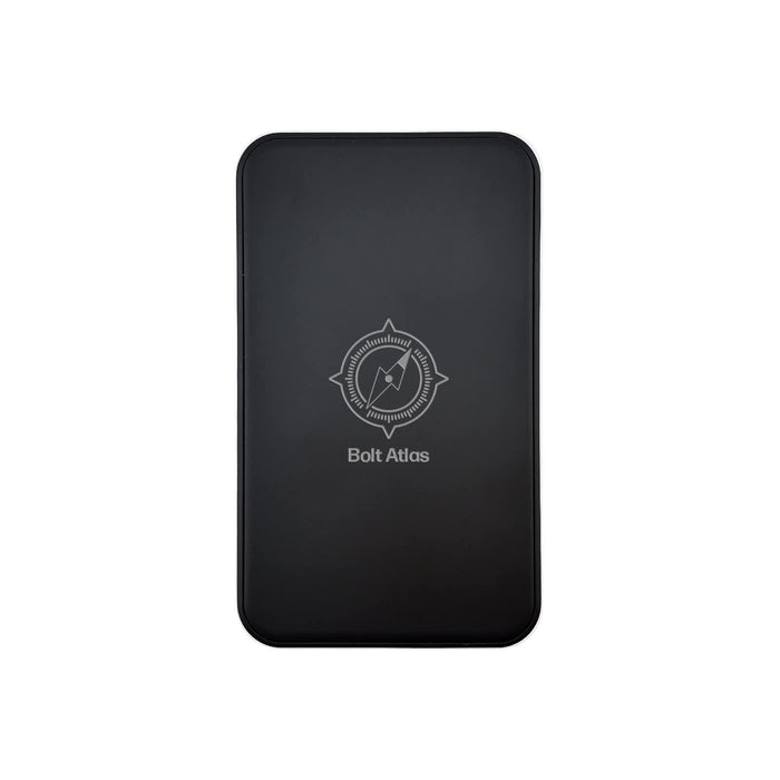 Dynamo Solid State Power Bank - A black power bank featuring a compass design and a logo, with a sleek, smooth surface.
