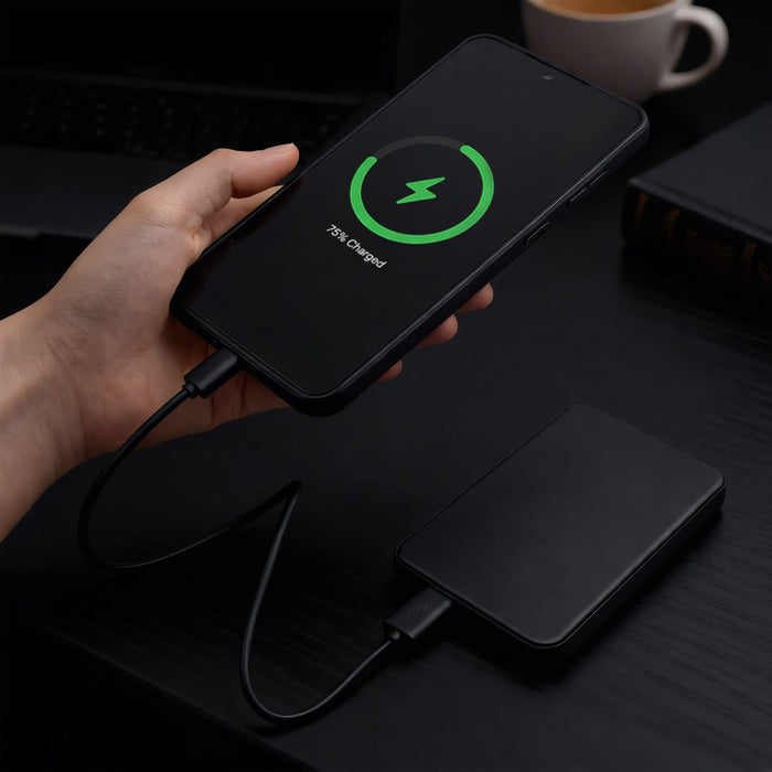 Dynamo Solid State Power Bank - A power bank and a smartphone connected by a charging cable, featuring a green charging indicator. The power bank is black.
