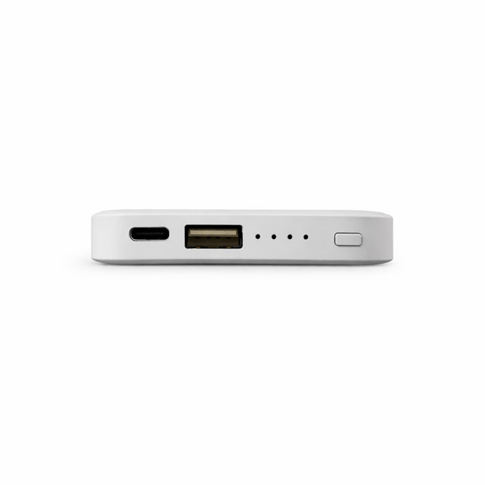 Dynamo Solid State Power Bank - A white solid state power bank with USB and USB-C ports, featuring LED indicator lights and a power button.