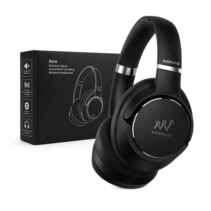 Aero by Nomis Headphones - Aero by Nomis headphones in black, featuring a sleek design and a box with branding.