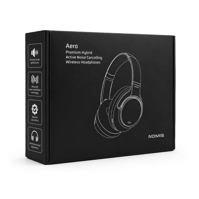 Aero by Nomis Headphones - Aero by Nomis headphones in a black box, featuring a logo and illustrations of the headphones.