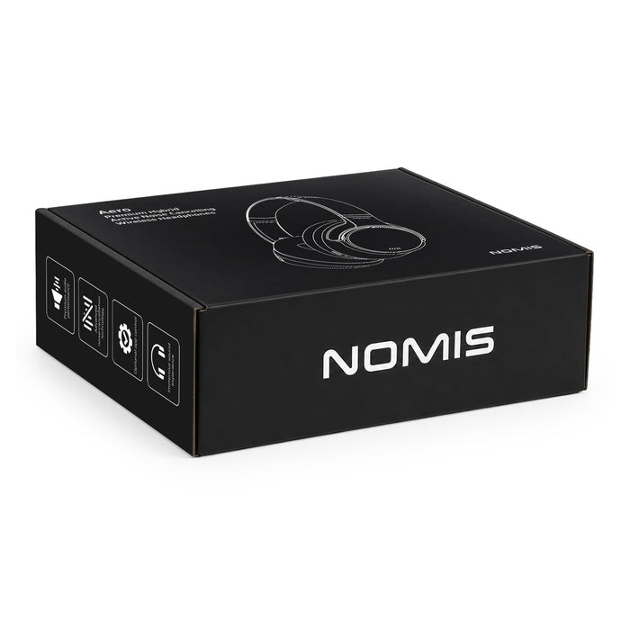 Aero by Nomis Headphones - A black box containing Aero by Nomis headphones, featuring a logo and outlined headphone design on the packaging.