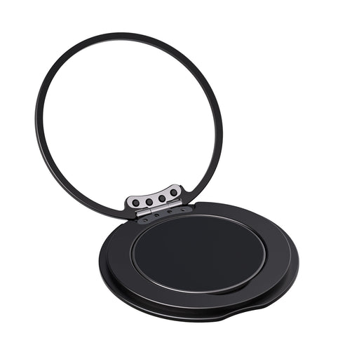 Tech Pack Essential - A black phone grip and stand with a circular, hinged design. It features a shiny finish and a branding logo.