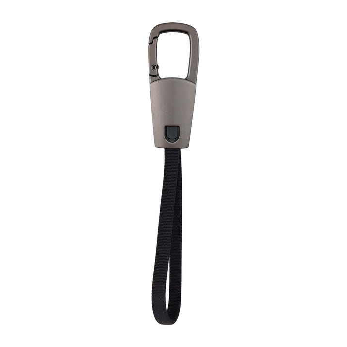 ClipIt Carabiner Cable - A grey carabiner clip with a black fabric strap, designed for attaching items easily.