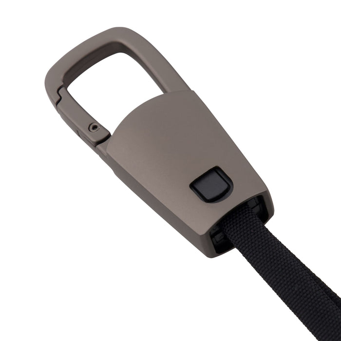 ClipIt Carabiner Cable - A brown carabiner clip attached to a black charging cable, featuring a button and a logo on the clip.