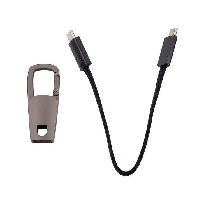 ClipIt Carabiner Cable - A brown carabiner and a black charging cable with USB-C connectors on both ends.